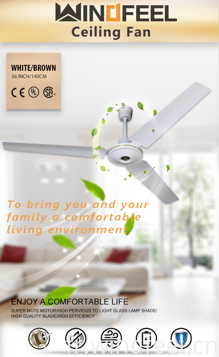 Air de refroidissement décoratif pour appareils ménagers Ventilateur de plafond de 56 pouces Ventilateur électrique de 48 pouces avec moteur en cuivre 100% Ventilateurs de moteur en aluminium pur